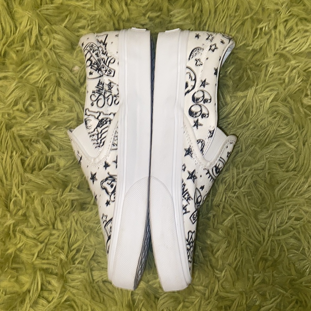 Vans White Slip-On Sneakers with Black Doodle Print - Picture 6 of 9